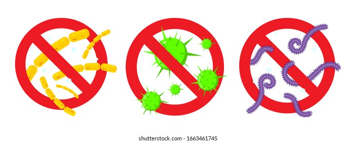 3 stop viruses and bad bacterias or germs prohobition sign. Big viruses or gems in the red stop defence circle flat style design vector illustration isolated on white background.