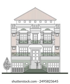 3 Storeys of symmetrical modern classic house facade with 2 crowns, 2 stairs, 1 main door, 2 garages, 5 big windows,
and triangular roof.