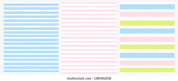 3 Striped Seamless Vector Patterns. Light Blue, Pink and Green Brush Stripes Isolated on a White Background. Simple Pastel Color Geometric Repeatable Vector Design for Textile, Paper Decoration.