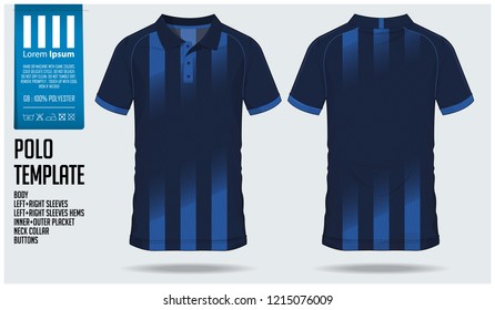 3 Stripes of Blue polo t-shirt sport template design for soccer jersey, football kit or sport shirt. Sport uniform in front view and back view. T-shirt mock up for sport club. Vector Illustration.