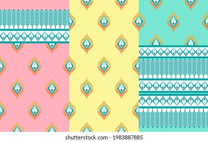 3 style ethnic ikat seamless pattern. Aztec fabric carpet mandala ornament native boho chevron textile decoration. Geometric African American Indian patterns embroidery vector illustrations background