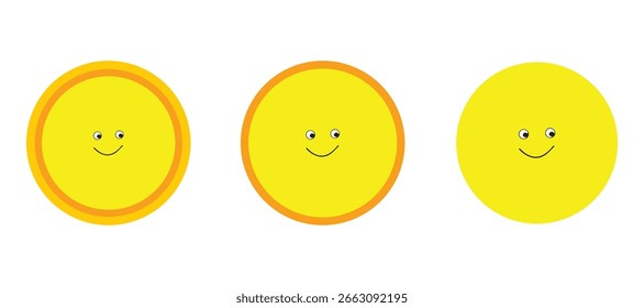 3 Stil Sonne Symbol Design. Wütend, ruhig, Zeichentrickfilm, fröhlicher Charakter, Zeichen und Symbol. Sun Emoji, einfarbig einzeln auf weißem Hintergrund. 