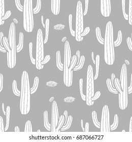 3 styles of cactus and blossom in white plane style on light gray background. Seamless pattern vector illustration.