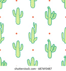 3 styles of colorful cactus in green outline and yellow plane with red dot on white background. Hand drawn style. Seamless pattern vector illustration.