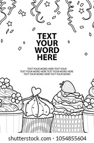 3 styles of cupcakes in gray outline on white background and space for text. Poster or background design in vector illustration.