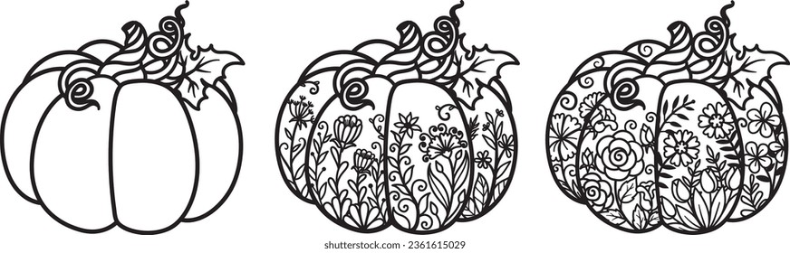 3 estilos de calabazas para colorear página, grabado, diseño de camisetas, corte láser, etc. Halloween, gracias por dar, otoño, concepto de caída. Ilustración vectorial.