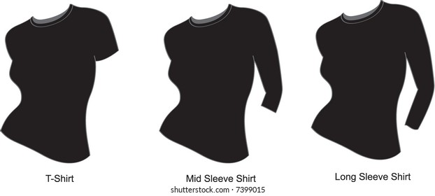 3 Styles of a woman's black shirt: t-shirt; mid-length sleeve; long sleeve