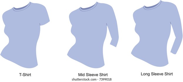 3 Styles of a woman's light blue shirt: t-shirt; mid-length sleeve; long sleeve