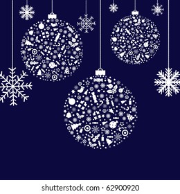 3 Stylized Christmas Balls, On Blue Background, Vector Illustration