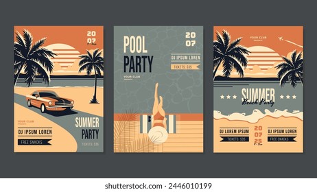 3 Posters Retro De Verano Con Playa. Cubiertas de concepto Resort Vacation. Chica sentada en la piscina, ilustración de playa, y coches retro. Vector