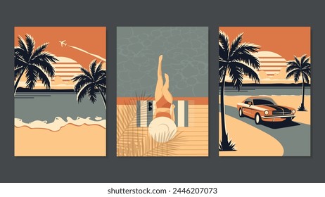 3 Posters Retro De Verano Con Playa. Cubiertas de concepto Resort Vacation. Chica sentada en la piscina, ilustración de playa, y coches retro. Vector