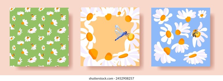 3 Summer Square Posters Daisies Bee Dragonfly White Yellow Frame Green Pattern Blue Postcard Template Banners Vector Flat Cute Background