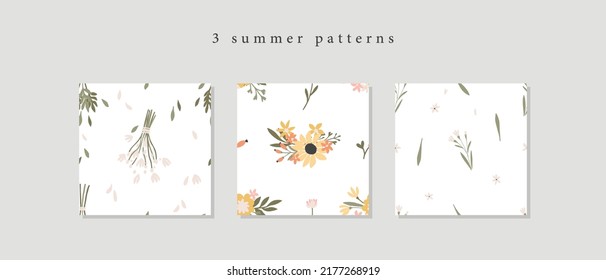 3 Summer wildflower seamless pattern set. Cute and tender floral pattern collection with spring field flowers in cartoon rustic style. Texture for wallpaper, packaging, fabric, wedding design, textile