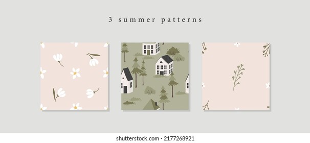 3 Juego de patrones sin costura de flor silvestre de verano. Colección de motivos florales, tierno y lindo, con flores de campo primaveral de estilo rústico de dibujos animados. Textura para papel tapiz, embalaje, tela, diseño de bodas