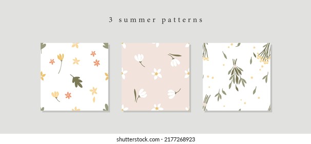 3 Juego de patrones sin costura de flor silvestre de verano. Colección de motivos florales, tierno y lindo, con flores de campo primaveral de estilo rústico de dibujos animados. Textos para papel de pared, embalaje, tela, diseño de boda, textil