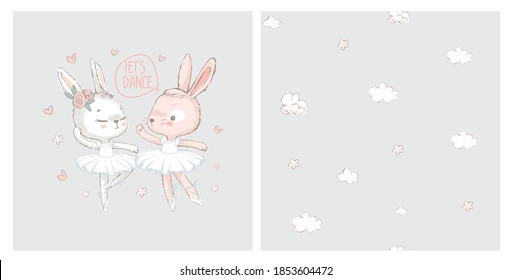 3 Sweet ballerina bunnys illustration vector. White dancing rabbits illuatration. Can be used for t-shirt print, kids wear fashion design, baby shower invitation card