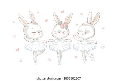 3 Sweet ballerina bunnys illustration vector. White dancing rabbits illuatration. Can be used for t-shirt print, kids wear fashion design, baby shower invitation card