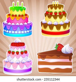 3 sweet cakes for holiday and one piece of chocolate cake with strawberries and cream. Vector set