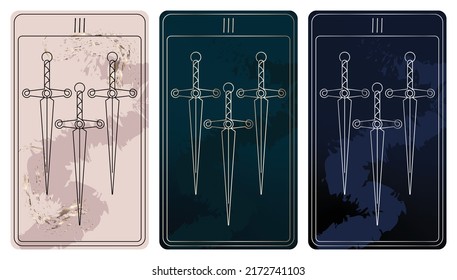 3 of Swords. A card of Minor arcana one line drawing tarot cards. Tarot deck. Vector linear hand drawn illustration with occult, mystical and esoteric symbols. 3 colors. Proposional to 2,75x4,75 in.