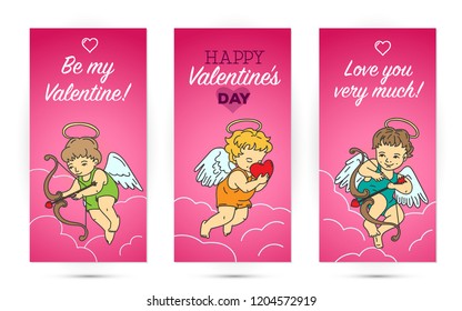 3 templates for leaflets on Valentine's Day with cupid angels with bows, sketch on pink background, calligraphy lettering