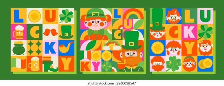 3 templates for St. Patrick's Day. Bright design, lots of festive elements, boys and girls in green, and leprechauns. This design will make your project interesting and noticeable!