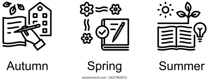 3 Términos del icono del Web del Anuncio de la escuela Ilustración vectorial del otoño, primavera, verano
