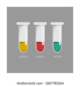 3 test tubes with 3 color substances in them. there are red, yellow and blue.