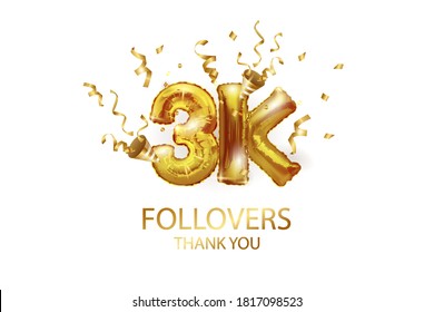 3 thousand. Thank you, followers. 3D vector illustration for blog or post design. 3K gold sign made of foil gold balls with confetti on a white background. Holiday banner in social networks.