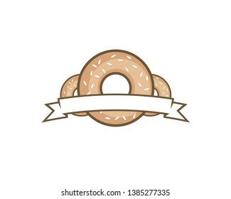 3 three bagel bread with white ribbon as vintage retro emblem logo 