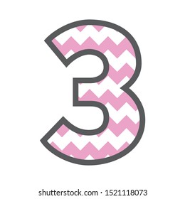 3 Three Chevron Number with colorful pink and white pattern and grey border