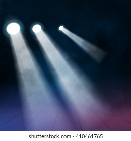 3 three Floodlights spotlights illuminates wooden scene. Vector illustration.