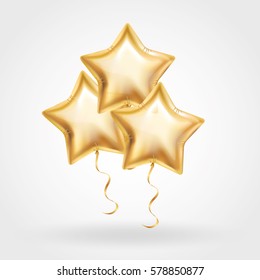 3 Three Gold Star Balloon On Background. Party Balloons Event Design Decoration. Balloons Isolated In Air. Party Decorations Wedding, Birthday, Celebration, Anniversary, Award. Shine Golden Balloon