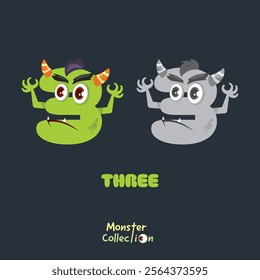 3, three, Monster Cartoon numbers, Colourful Cartoon Monster Collection with Cute and Scary Designs