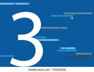 3, three number on flat blue color background, with abstract lines