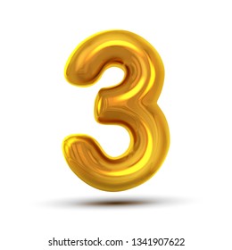 3 Three Number Vector. Golden Yellow Metal Letter Figure. Digit 3. Numeric Character. Alphabet Typography Design Element. Party Foil Symbol. Numeral Bright Metallic 3D Realistic Illustration
