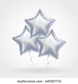 3 Three Silver star balloon on background. Party balloons event design decoration. Balloons isolated in air. Party decorations wedding, birthday, celebration, anniversary, award. Shine Silvern balloon
