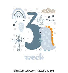 3 three week Baby boy anniversary card newborn metrics. Baby shower print with cute animal dino, flowers and palm capturing all special moments. Baby milestone card for newborn.