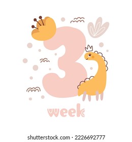 3 three week Baby girl anniversary card newborn metrics. Baby shower print with cute animal dino, flowers and palm capturing all special moments. Baby milestone card for newborn.