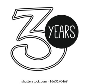 3, three years number hand lettering. Hand drawn doodle. - Vector