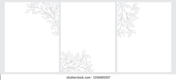 3 Tree Twigs Vector Illustrations. Gray Tree Branches Isolated on a White Background. Simple Elegant Wedding Cards. Floral Hand Drawn Arts ideal for Invitation, Menu, Hot Stamping. No Text.