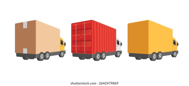 3 trucks in rear view, 3 container trucks are parked in row, brown cardboard truck, a red truck, and yellow truck, vector 3d isolated on white background for delivery, e commerce, transport concept