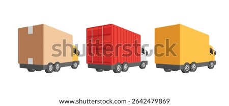 3 trucks in rear view, 3 container trucks are parked in row, brown cardboard truck, a red truck, and yellow truck, vector 3d isolated on white background for delivery, e commerce, transport concept