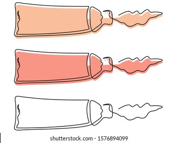 3 tubes with cream flowing out from the outlines drawn in one line with and without colored substrates on a white background. Vector.