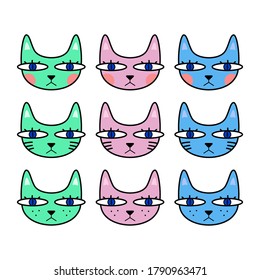 3 tipo lindo gatos dibujados a mano con caras de color verde, rosa y azul con mejillas rosadas. Ilustración vectorial. Fondo blanco.