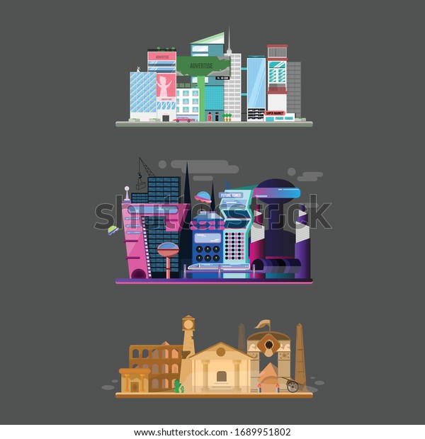 3 Type\
of town ancient to future city\
illustration