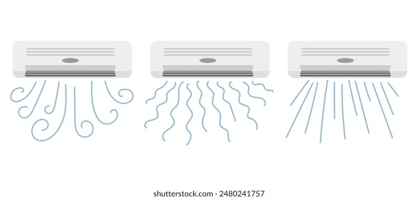 3 tipos de ilustraciones del acondicionador de aire, diferentes flujos de aire del acondicionador de aire, refrigeración, humidificación, ionización. Ilustración vectorial. Arroyos azules de brisa fresca fluyen aislados en