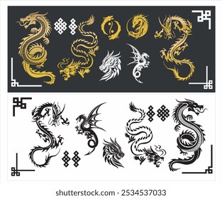 3 types of cool dragon silhouettes. New Year's card illustration material for the Year of the Dragon, Two dragons (black and red), Tribal tattoo of the dragon head silhouette, twin dragons,Vector