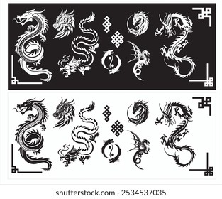 3 types of cool dragon silhouettes. New Year's card illustration material for the Year of the Dragon, Two dragons (black and red), Tribal tattoo of the dragon head silhouette, twin dragons,Vector