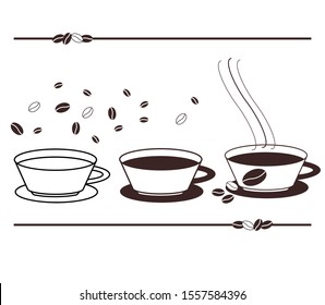 3 types of cups-empty, with coffee and steam, next to the coffee beans. Vector illustration
