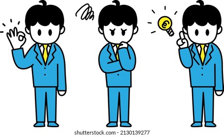 3 types of emotions for young office worker men (trouble, OK, inspiration)